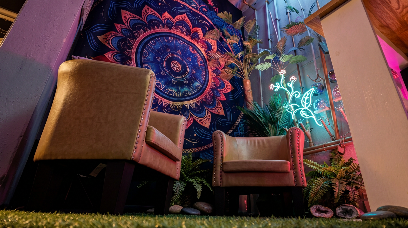 Sitzecke mit Sesseln und Mandala im DMS-Studio